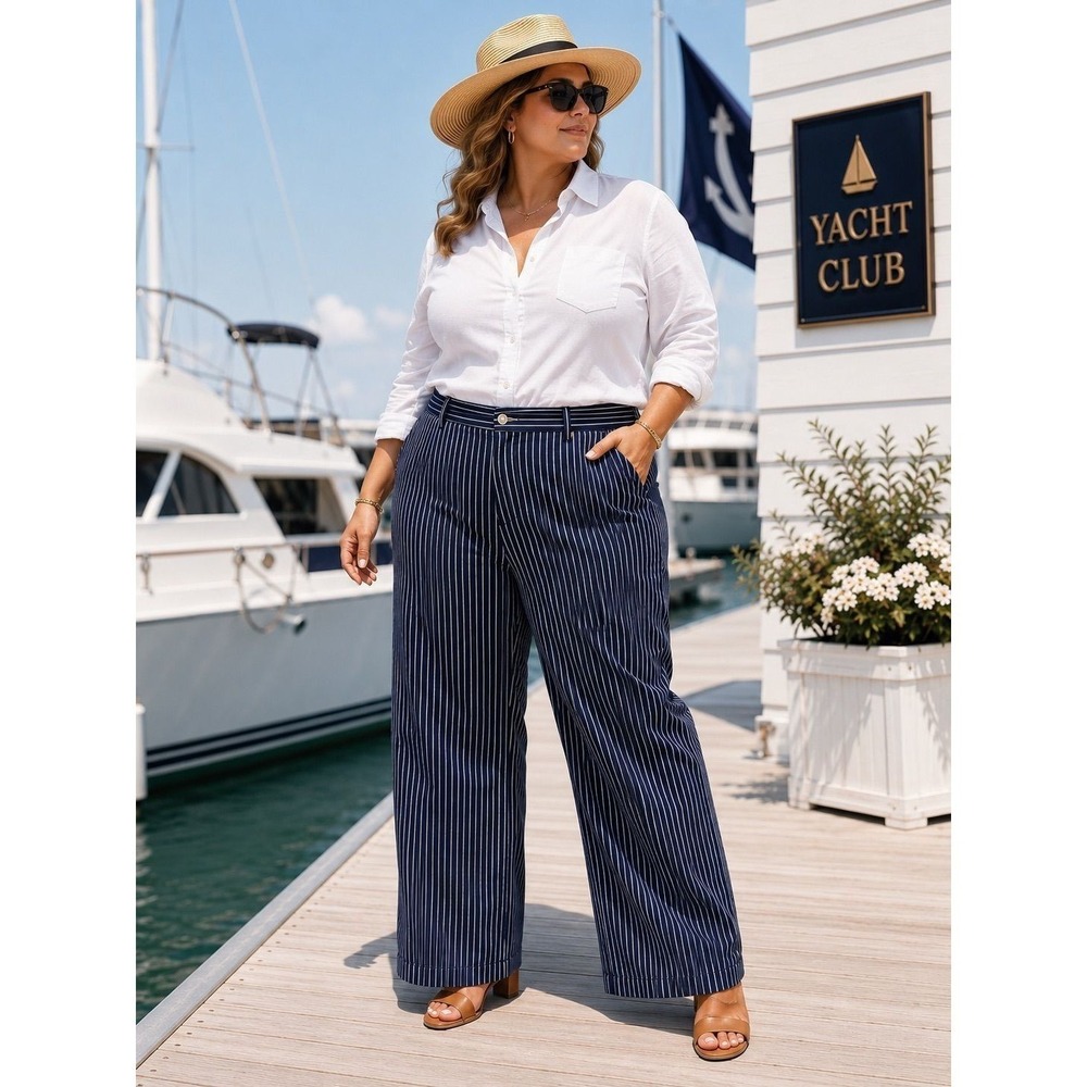NWT Judy Blue 14W Tummy Control Navy Pinstripe Straight Trousers Nautical Chic